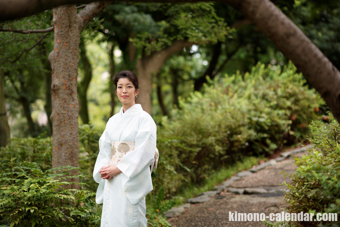 小紋 ポリ 青 半幅帯