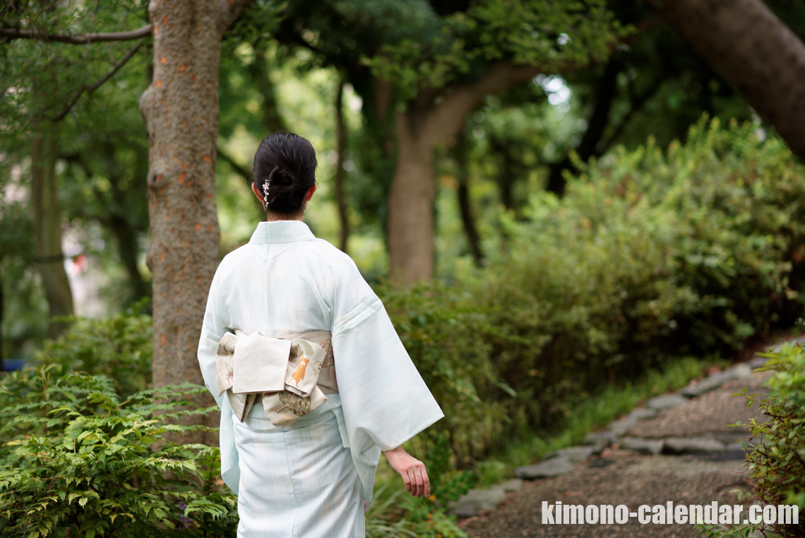 小紋 ポリ 青 半幅帯