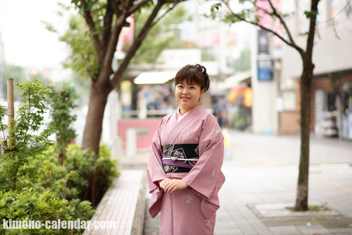 小紋 単 ピンク 半幅帯