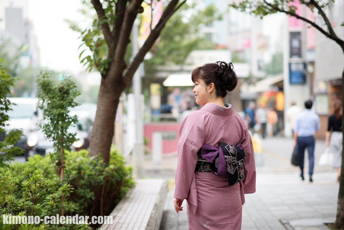 小紋 単 ピンク 半幅帯