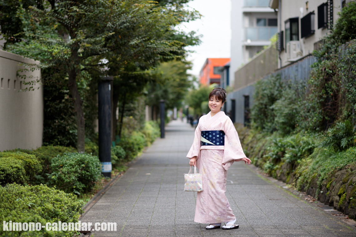 小紋 ポリ 半幅帯 桃色