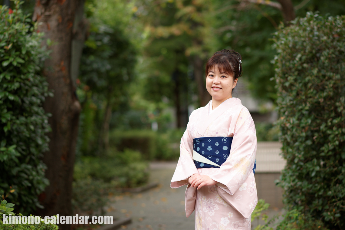 小紋 ポリ 半幅帯 桃色