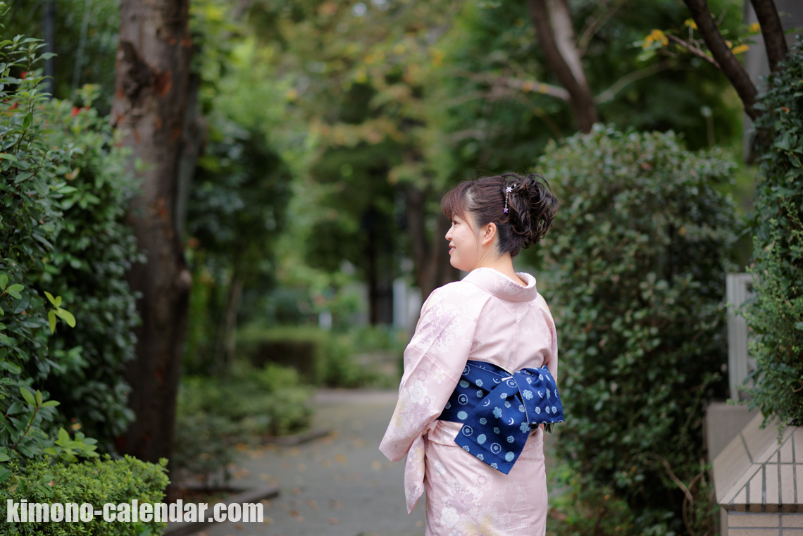 小紋 ポリ 半幅帯 桃色