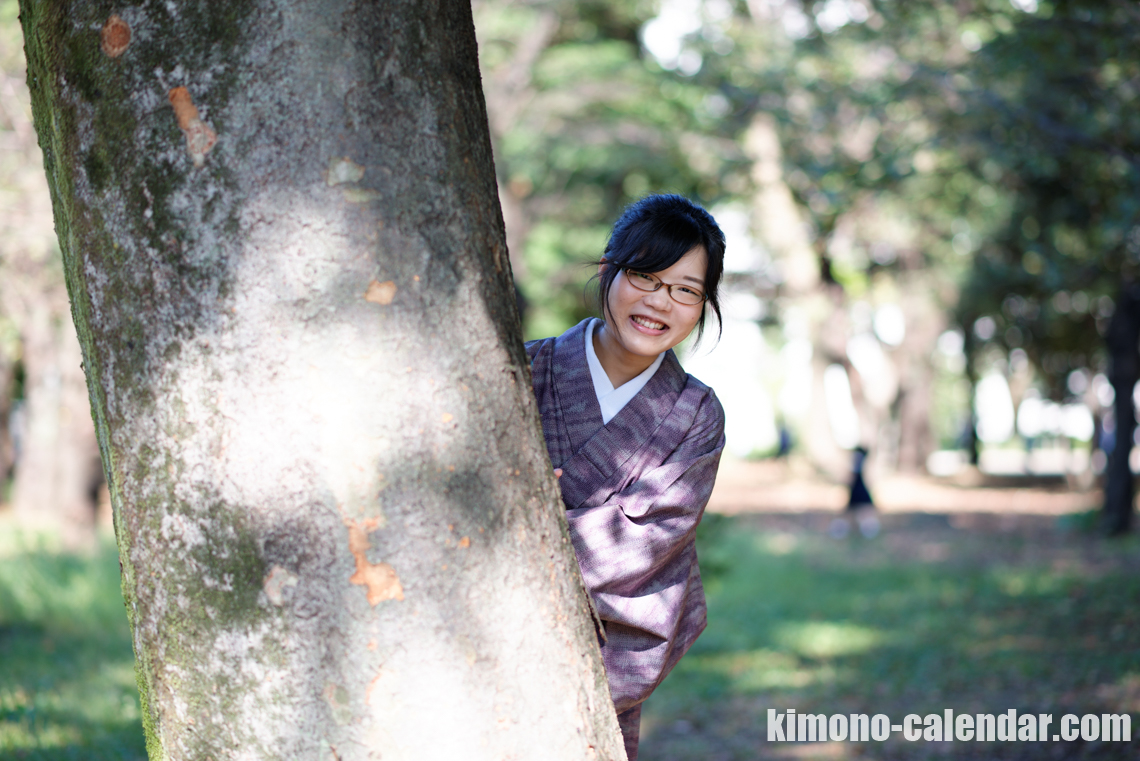 紫 オレンジ 単 正絹 名古屋帯