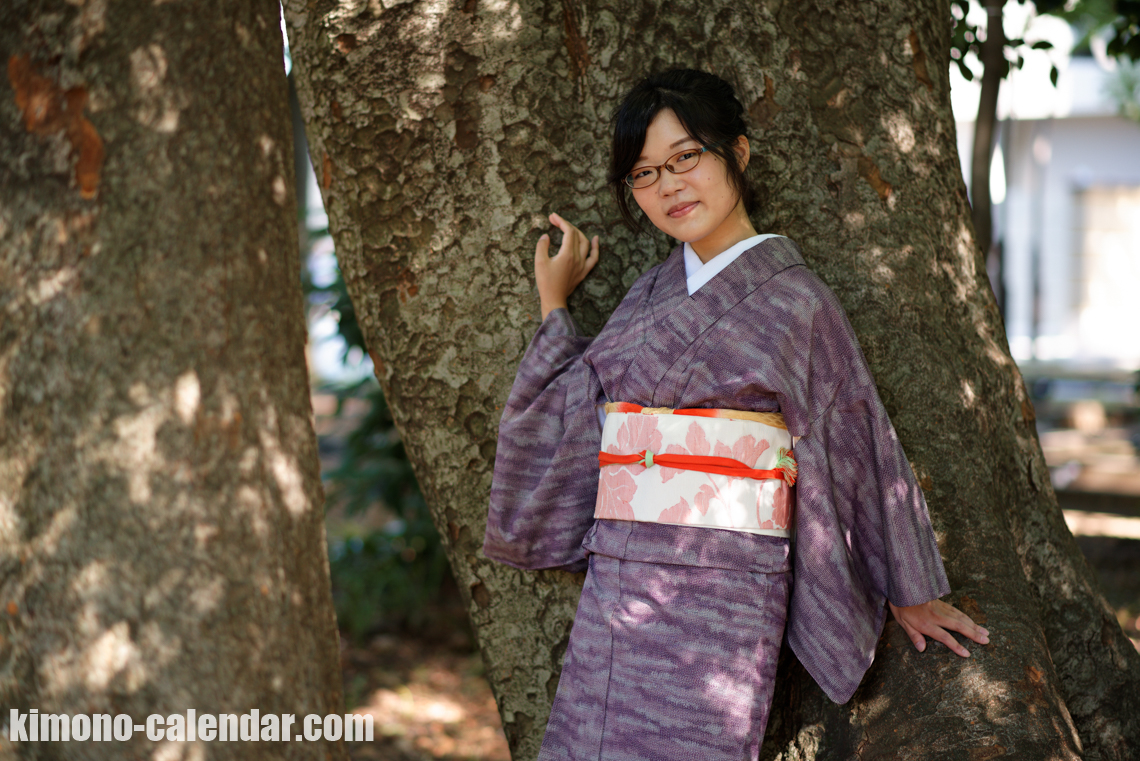 紫 オレンジ 単 正絹 名古屋帯
