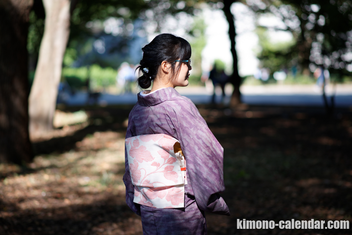 紫 オレンジ 単 正絹 名古屋帯