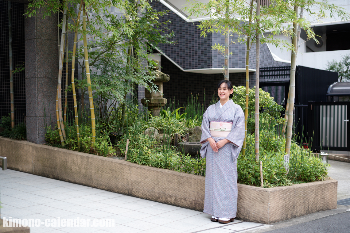 小紋 ポリ 鼠色 半幅帯