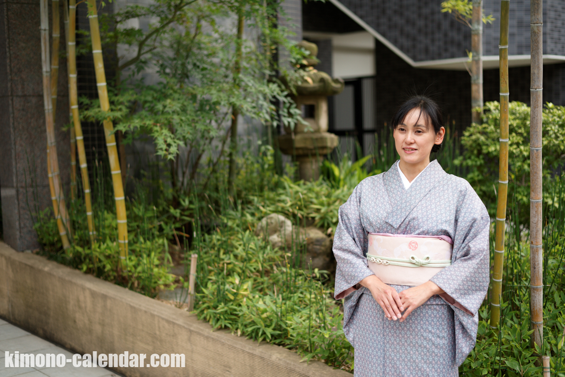 小紋 ポリ 鼠色 半幅帯
