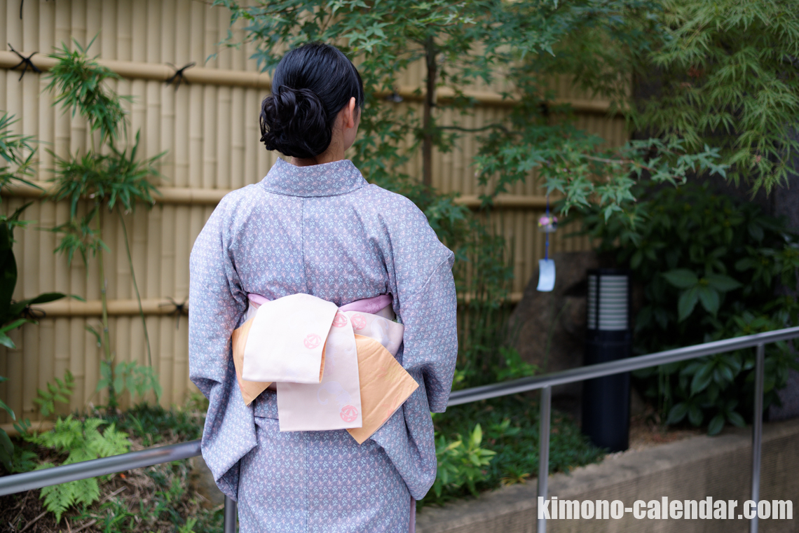 小紋 ポリ 鼠色 半幅帯