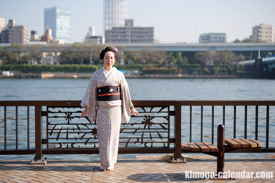 青 小紋 袷 正絹 名古屋帯