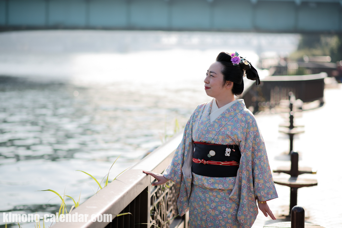 青 小紋 袷 正絹 名古屋帯