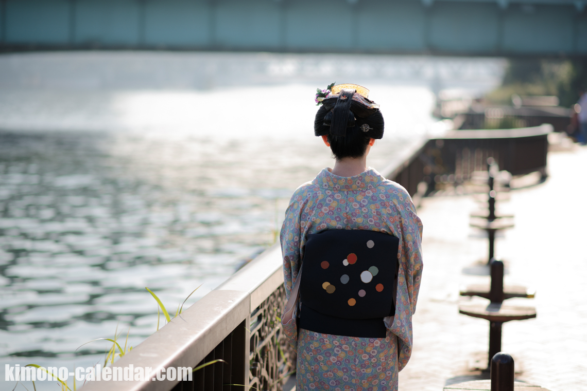 青 小紋 袷 正絹 名古屋帯