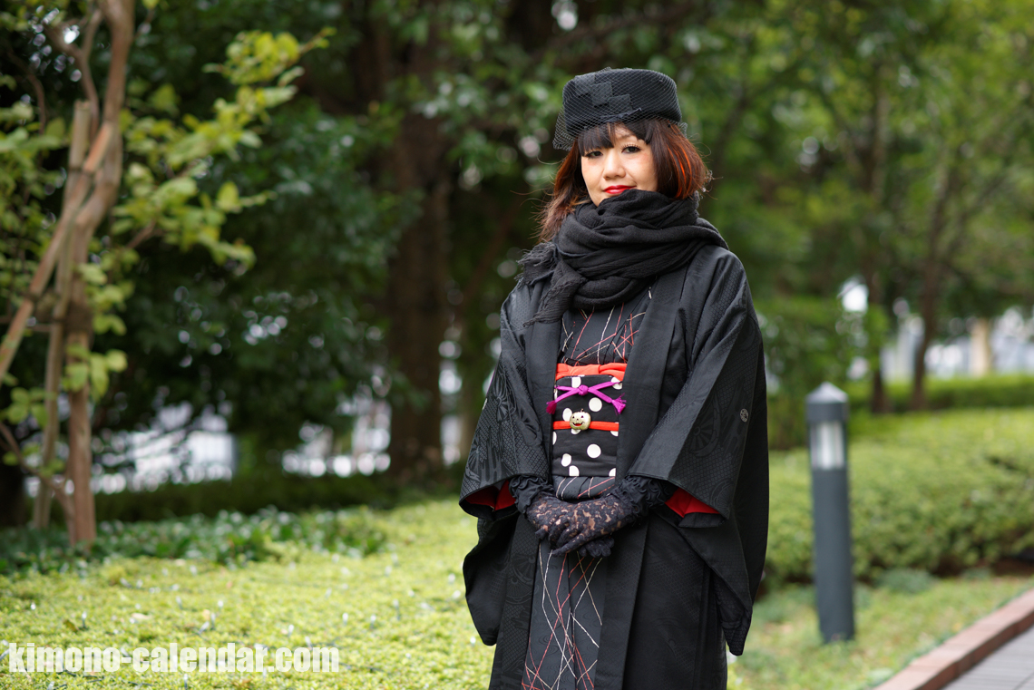 黒 小紋 袷 ポリ 半幅帯