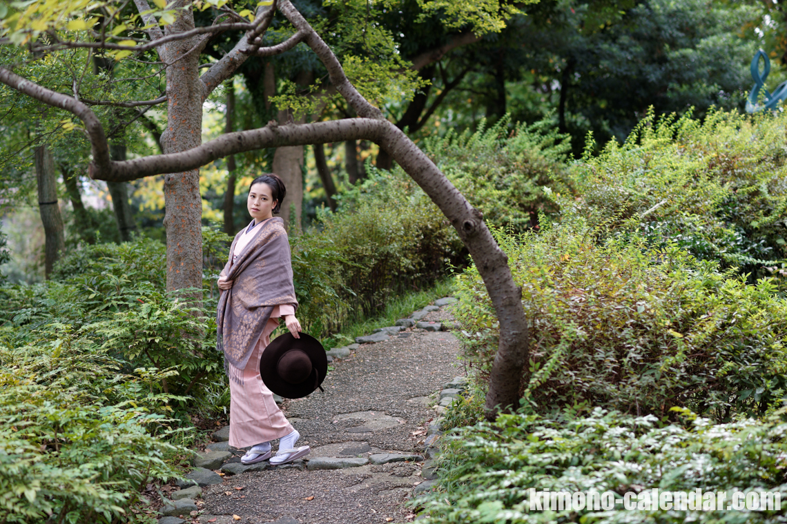 紬 袷 正絹 半幅帯 ピンク