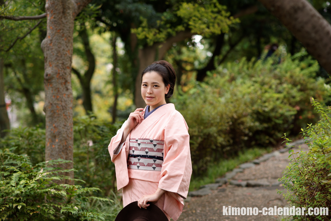 紬 袷 正絹 半幅帯 ピンク