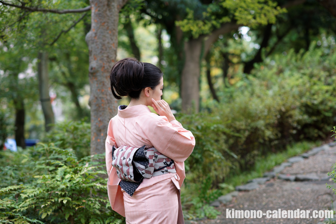 紬 袷 正絹 半幅帯 ピンク