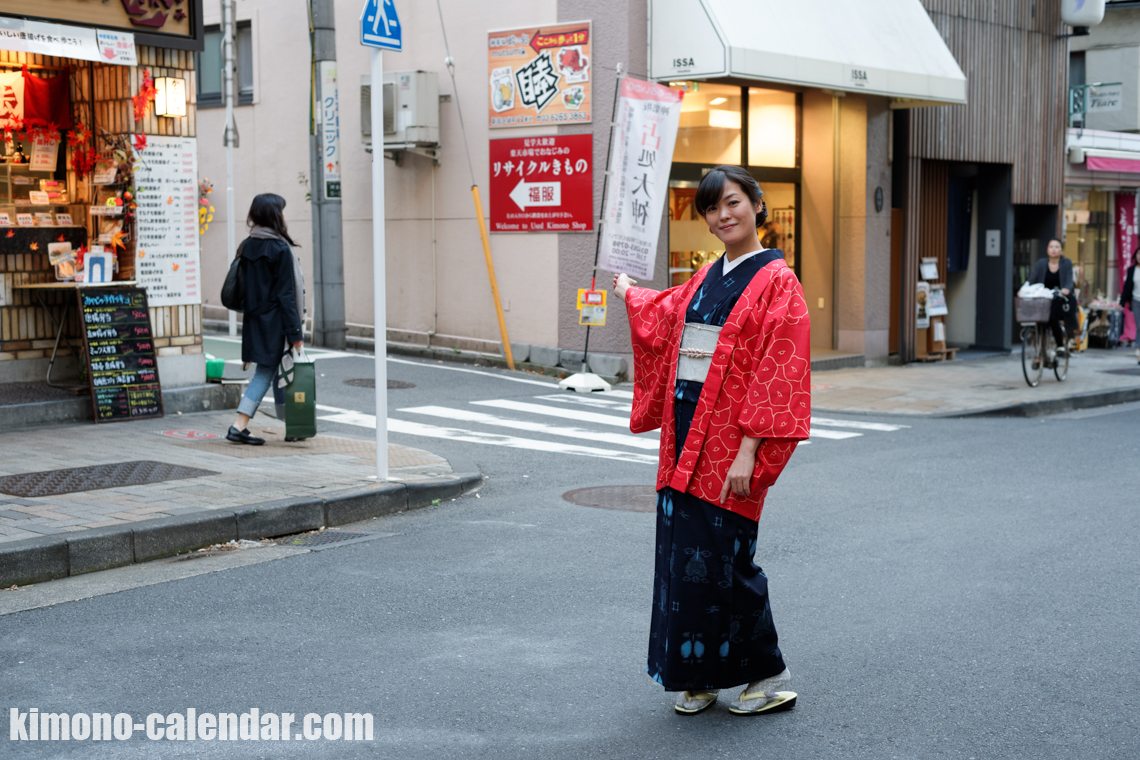 単 ウール 半幅帯 赤 青