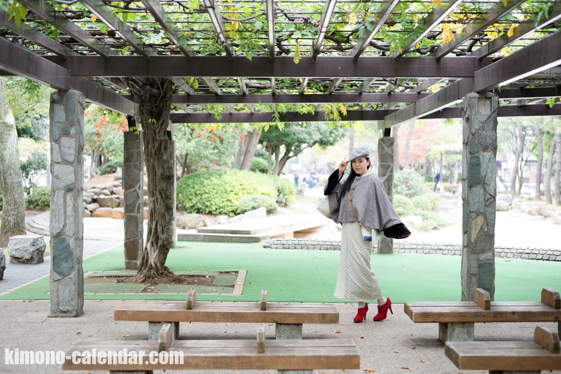 小紋 袷 ポリ 半幅帯 グレー