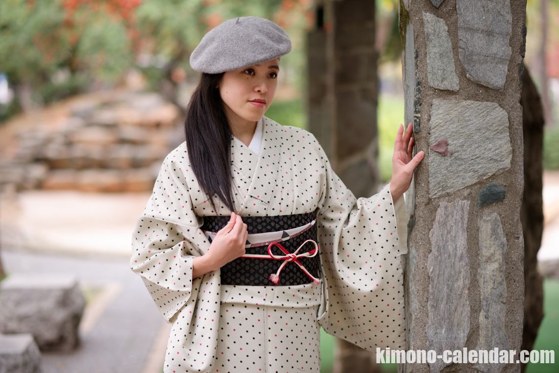 小紋 袷 ポリ 半幅帯 グレー