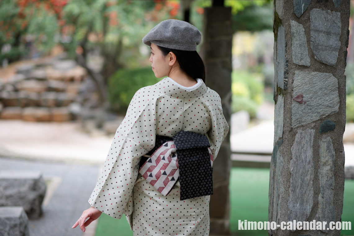 小紋 袷 ポリ 半幅帯 グレー