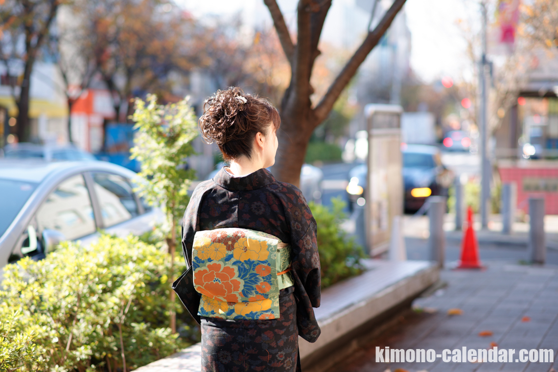 黒 小紋 単 ウール 名古屋帯