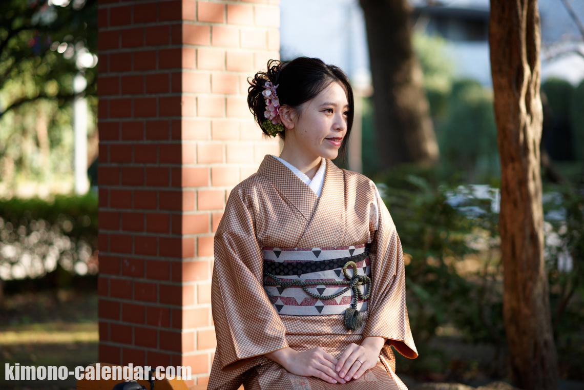 小紋 袷 正絹 半幅帯 茶色