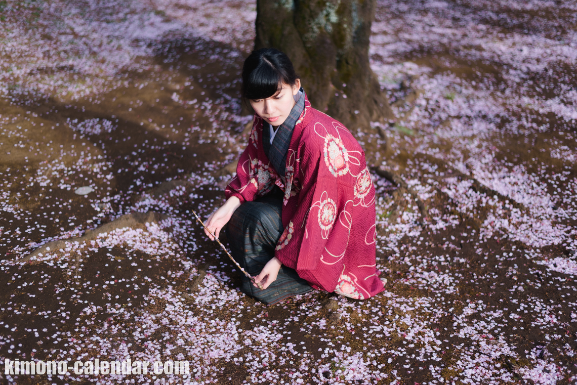 桜の花びらと着物の女性